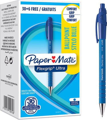 Paper mate flexgrip ultra balpennen | medium punt (1,0 mm) | blauwe inkt | 36 stuks