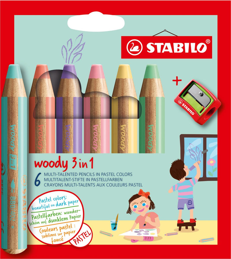 Load image into Gallery viewer, Stabilo woody 3 in 1 pastel - multi talent kleurpotloden - etui met 6 kleuren puntenslijper
