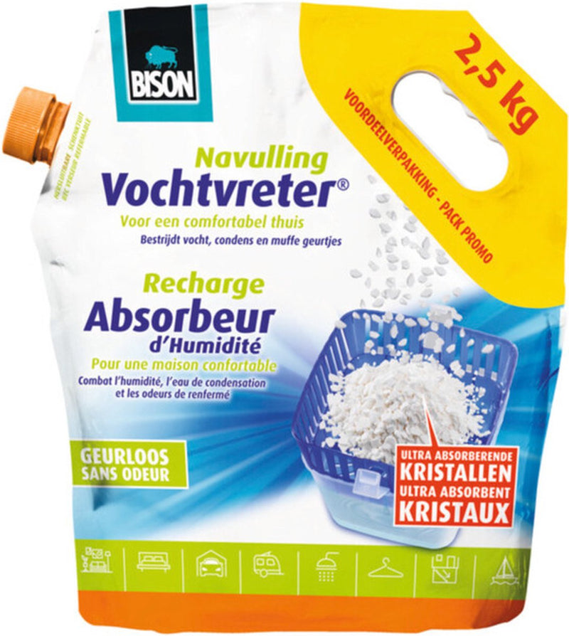 Load image into Gallery viewer, Bison vochtvreter® losse kristallen neutraal zak 2.5 kg, navulling voor een vochtvreter®, eenvoudig in gebruik, geschikt voor alle navullingen, voor alle woonruimtes, campers, caravans
