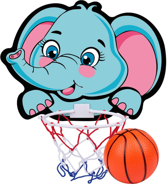 Eddy toys basketbal set olifant - basketbal set met olifant bord en ring - kinder basketbal set met net en bal - basketbalbord voor binnen - blauw roze wit