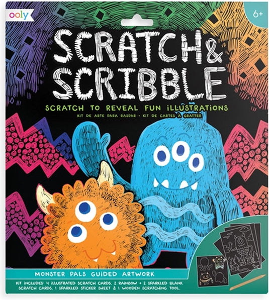 Ooly - scratch and scribble scratch art kit - monster pals - kras kunst kit met 4 geïllustreerde kraskaarten - perfect formaat om in te lijsten of mee te spelen - bevat alles wat je nodig hebt om meteen aan de slag te gaan - geschikt vanaf 6 jaar