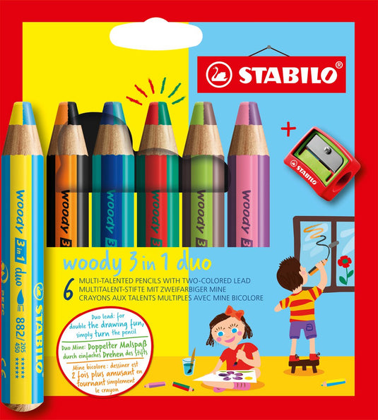 Stabilo woody 3 in 1 duo - multi talent kleurpotloden - etui met 6 kleuren puntenslijper