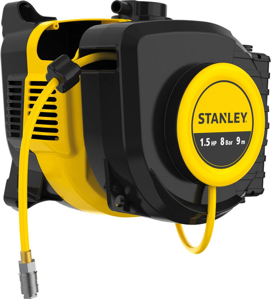 Stanley compressor, olievrije luchtcompressor met zelfoprollende kabelhaspel, muurbevestiging, 1.5 pk, 8 bar, zonder tank