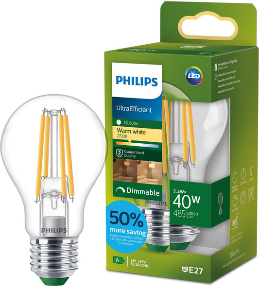 Philips led philips ultraefficient led lamp - 40w - e27 fitting - warmwit licht: 2700k - dimbaar - helder glas - a60 lampvorm - lange levensduur