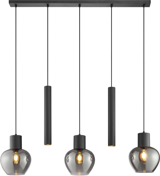 Brilliant ligari - hanglamp - 5-lichts - balk 123 cm - e27 max 3x20w gu10 max 2x10w - zwart smoke