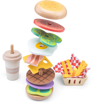 Woet ® houten fastfood speelset - hamburger, frietjes milkshake - fsc® speelgoedeten voor rollenspel - vanaf 2 jaar