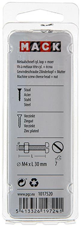 Mack 1017520 - metaalschroef cyl. kop + moer verz. 14 st m4 x 30 mm | 10 stuks