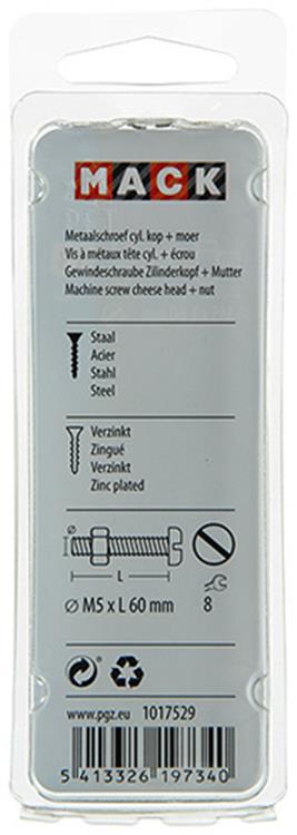 Load image into Gallery viewer, Mack 1017529 - metaalschroef cyl. kop + moer verz. 6 st m5 x 60 mm | 10 stuks
