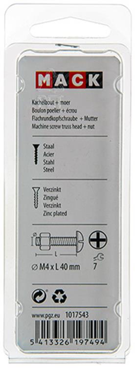 Afbeelding laden in galerijviewer, Mack 1017543 - kachelbout + moer staal verzinkt 14 st m4 x 40 mm | 10 stuks
