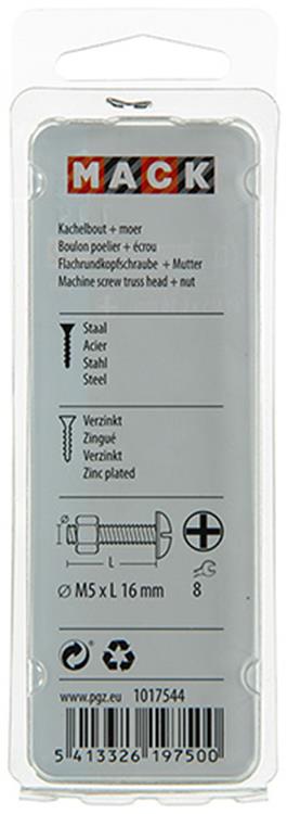 Afbeelding laden in galerijviewer, Mack 1017544 - kachelbout + moer staal verzinkt 16 st m5 x 16 mm | 10 stuks
