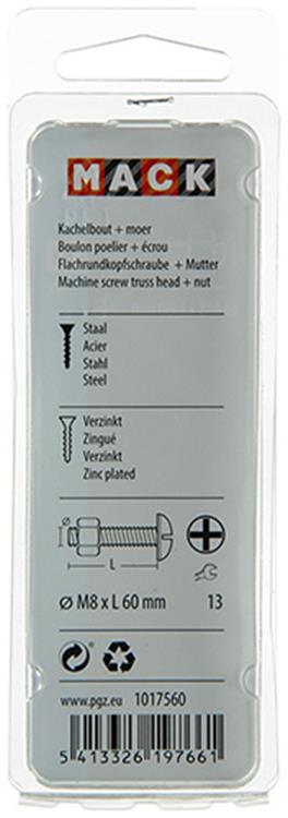 Afbeelding laden in galerijviewer, Mack 1017560 - kachelbout + moer staal verzinkt 4 st m8 x 60 mm | 5 stuks
