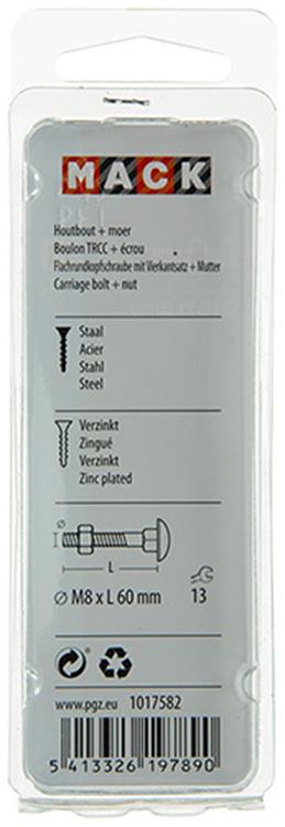 Afbeelding laden in galerijviewer, Mack 1017582 - houtbout + moer staal verzinkt4 st m8 x 60 mm | 5 stuks
