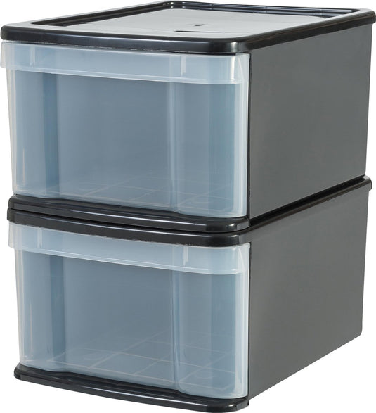 Iris stacking drawer - opberglade - 20 l - kunstof - zwart transparant - set van 2
