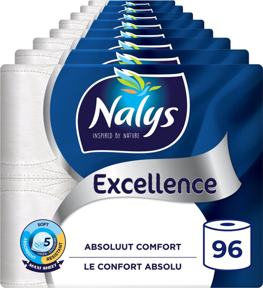 Nalys excellence toiletpapier - 96 rollen - maxi vellen (5-laags) - voordeelverpakking - papieren verpakking