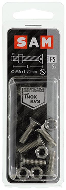 Mack 1019814 - metaalschroef verz. kop + moer rvs 5 st m6x20 | 10 stuks