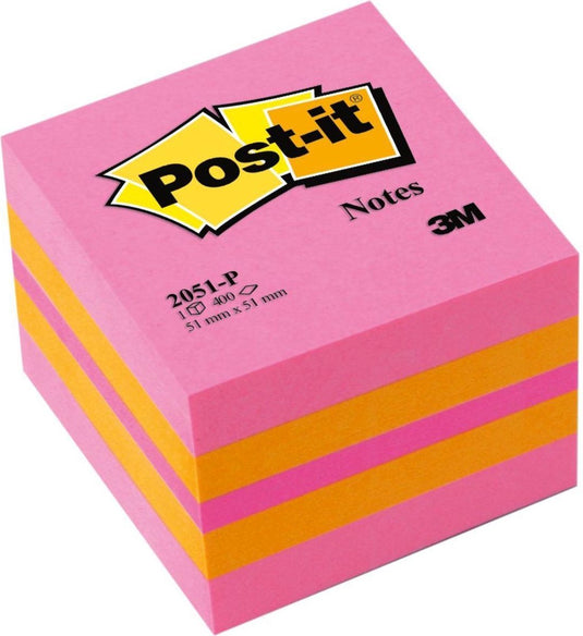 Post-it ® notes, mini kubus, neon roze, oranje, ultra roze, 51 x 51 mm, 400 blaadjes kubus