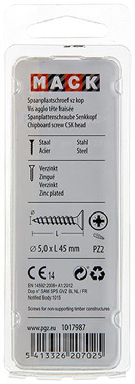 Load image into Gallery viewer, Mack 1017987 - spaanplaatschroef vz kop geelverz. 27st 5,0 x 45 mm | 5 stuks
