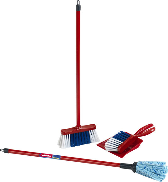 Klein toys vileda 4-delige speelgoedschoonmaakset - vloerwisser, bezem, stoffer en blik - hoogwaardig kunststof - rood blauw