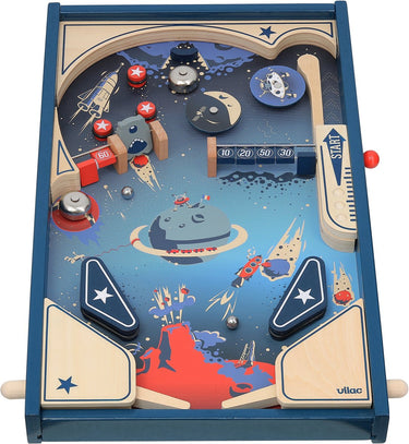 Vilac flipperkast hout ruimte thema kinderspel vintage design.