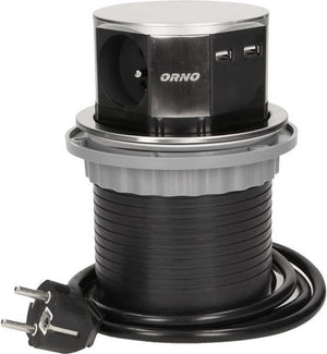 Orno pop-up stekkerdoos - verdeelstekker 3 -voudig - stekkerblok met twee usb-a laadpunten - rvs inox