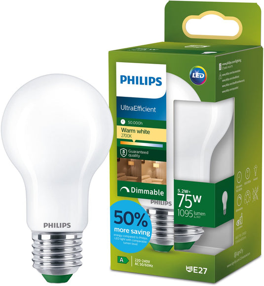 Philips led philips ultraefficient led lamp - 75w - e27 fitting - warmwit licht: 2700k - dimbaar - mat glas - a60 lampvorm - lange levensduur