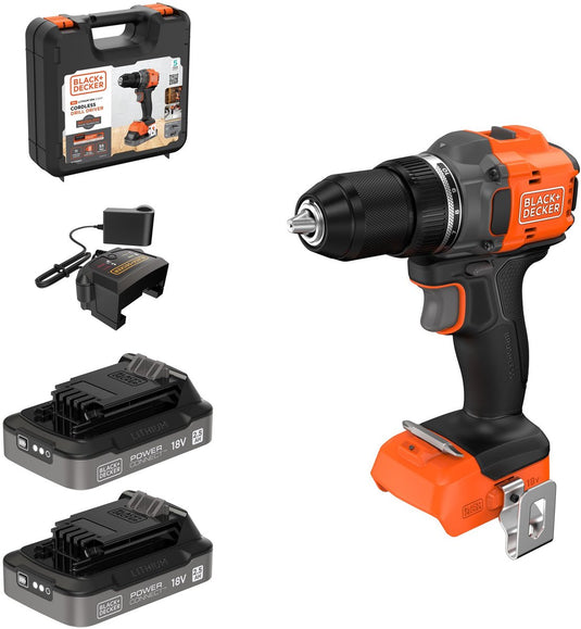 Black+decker 18v brushless schroefboormachine in koffer (met 2x2.5ah accu en lader) - bld782e2k-qw