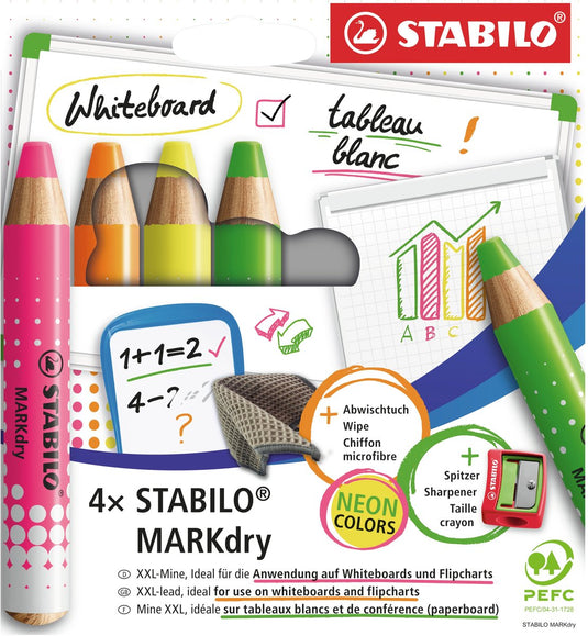 Stabilo markdry neon set van 4 whiteboard potloden, puntenslijper en reinigingsdoekje