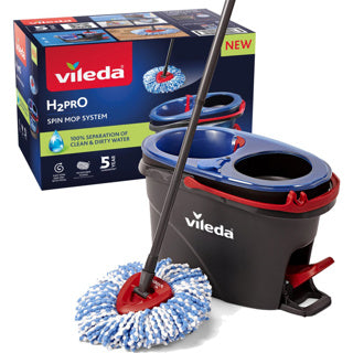 Vileda h2pro spin mop-systeem, complete set met spinmop en emmer met pedaalpers, twee gescheiden waterreservoirs, schoon water bij elke spoeling
