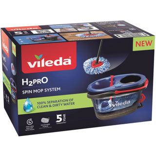 Vileda h2pro spin mop-systeem, complete set met spinmop en emmer met pedaalpers, twee gescheiden waterreservoirs, schoon water bij elke spoeling