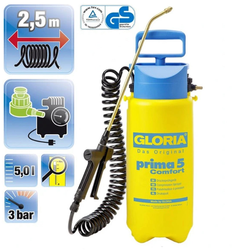 Load image into Gallery viewer, Gloria haus und garten 000091.0000 prima 5 comfort drukspuit 5 l compressoraansluiting, spiraalslang
