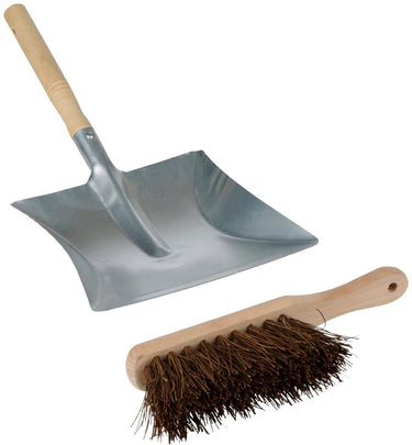 Kinzo stoffer en blik set – blik en veger met houten steel – metaal stoffer en blik voor binnen en buiten – schoonmaakgereedschap 2 delig – zilver en bruin