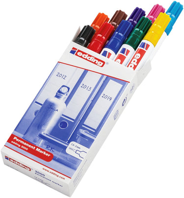 Edding 3000 permanent marker - 10 kleuren - 10 stiften - ronde punt 1,5-3 mm - water en wrijfvast - voor karton, kunststof, hout, metaal, etc. - alcohol markers voor volwassenen