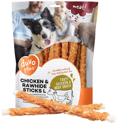 Duvo plus meat! snack kip runderhuid sticks voor honden l-25cm-1kg