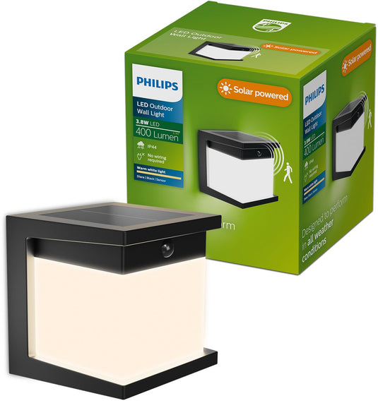 Philips led philips diara solar wandlamp - zonne-energie - warmwit licht: 2700k - zwart - twee lichtstanden - schemersensor - bewegingssensor - ip44: weerbestendig - solar buitenverlichting