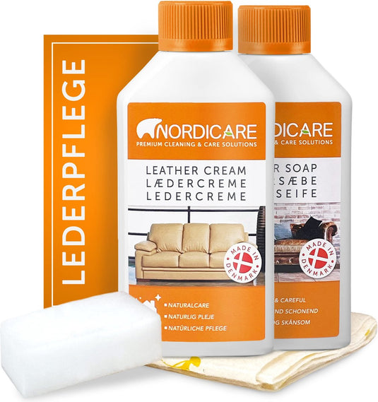 Nordicare leerverzorgingsset (250 ml) voor auto, bank en meubels, leer reiniger voor leerverzorging, leerverzorgingsset, leerreiniging, leerverzorging bankstel, leer reiniger, leer verzorging auto