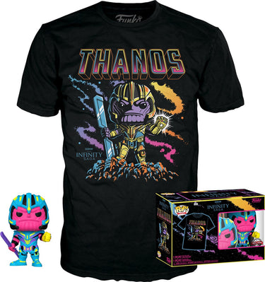 Funko pop! tee box: marvel studios the avengers - thanos blacklight zwart #909 exclusive (size l)