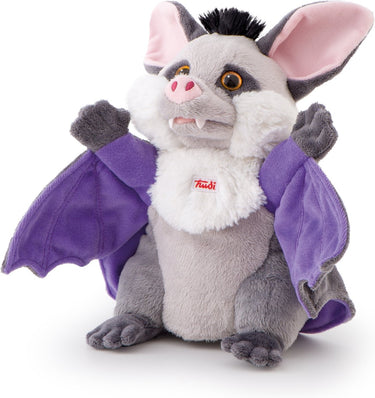 Trudi - puppets handpop vleermuis 26 cm - handgemaakt in italie - zacht pluche - knuffeldier voor jongens en meisjes - grijs paars - 15x26x15 cm maat s