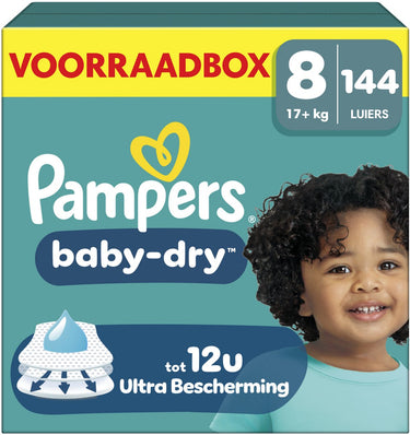 Pampers baby-dry maat 8 - 144 luiers - 17kg+ - voorraadbox