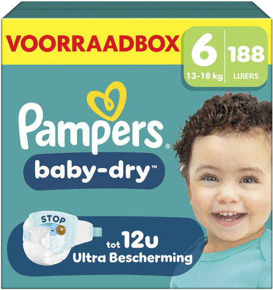 Pampers baby-dry maat 6 - 188 luiers - 13kg-18kg - voorraadbox