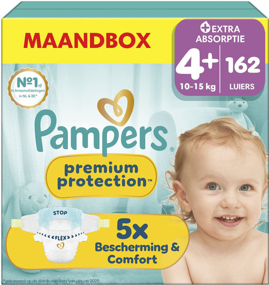 Pampers premium protection maat 4+ - 162 luiers - 10kg-15kg - maandbox