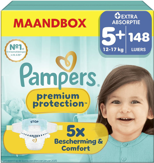 Pampers premium protection maat 5+ - 148 luiers - 12kg-17kg - maandbox