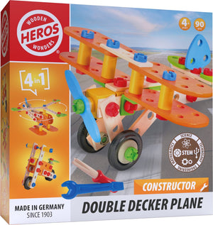 Heros constructor dubbeldekker vliegtuig – constructiespeelgoed – 4-in-1 – 90 onderdelen – houten bouwset – fsc hout – gemaakt in duitsland – zelf bouwen – vanaf 4 jaar