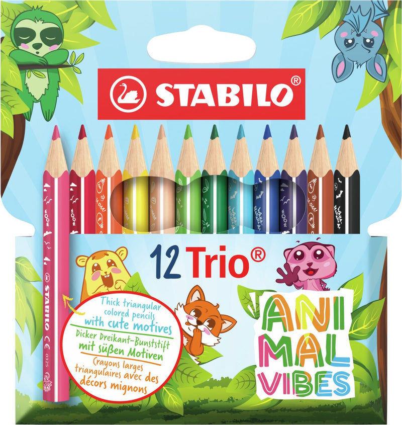 Afbeelding laden in galerijviewer, Stabilo trio thick - driekantige kleurpotloden met extra dikke kern - animal vibes - etui met 12 kleuren

