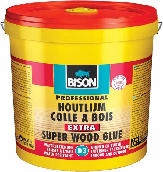 Bison houtlijm extra emmer 3 kg, hoogwaardige houtlijm, voor binnen en buiten, droog transparant op, sterker dan hout, oplosmiddel, d3, overschilderbaar