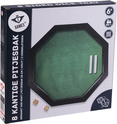 Longfield pitjesbak 8-hoekig 28 cm - houten speelbak - ingelegd groen vilt - inclusief krijtjes 2 dobbelstenen - engelhart