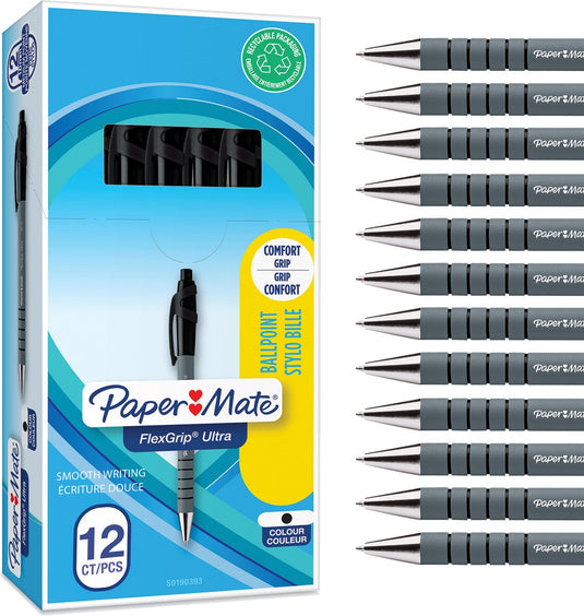 Bic balpen - paper mate flexgrip ultra - zwart - medium - doos 12 stuks