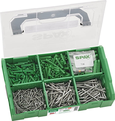 Spax assortiment l-boxx klein, schroevenset met 3 afmetingen + pluggen, 480 stuks, verzonken kop, t-star plus t20, wirox - 5000009160209