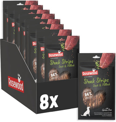 Rosewood steak strips eend koolvis - hondensnack - zacht vetarm - hoog vlees- en visgehalte - zonder kunstmatige toevoegingen - 8 zakjes à 100g