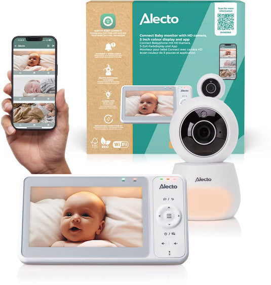 Alecto babyfoon met camera én app - dvm2060 dual mode babyfoon - 5″ kleurendisplay en wifi - uitbreidbaar tot 4 camera's - kijk mee via scherm en app - wit