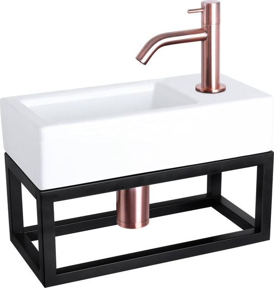 Differnz ravo fonteinset - 38.5x18.5x25cm - rechthoek - 1 kraangat - gebogen koperen kraan - met zwart frame - keramiek wit